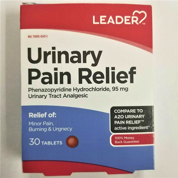 Leader Urinary Pain Relief Maximum Strength, Urinary Tract Analgesic, Relieves Burning and Urgency, Phenazopyridine Hydrochloride 95 mg, for Adults, Both Men & Women, 30 Tablets