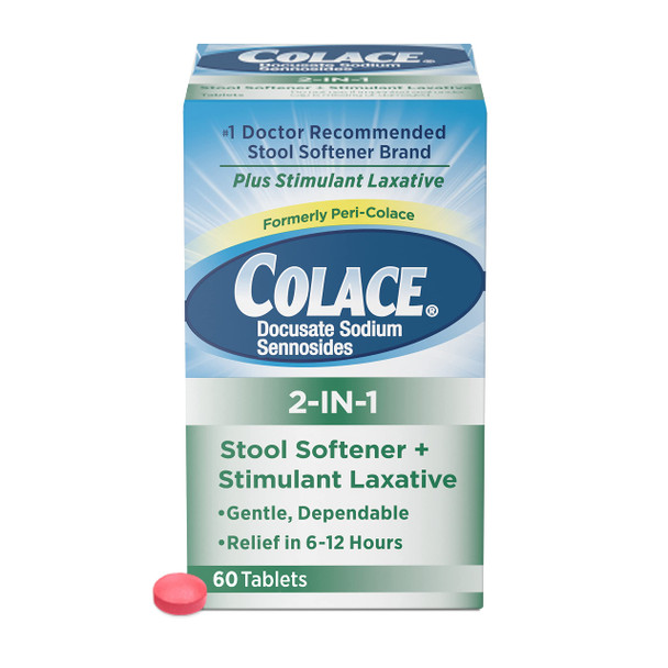 Colace 2-IN-1 Stool Softener & Stimulant Laxative Tablets, 60 Count, Gentle Constipation Relief in 6-12 Hours