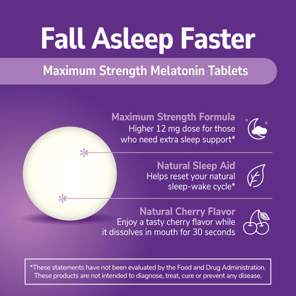 21st Century Melatonin 12 mg Quick Dissolve Max Strength Tablets, (120 Count) Sleep Aid for Adults, Cherry Flavored Sleep Supplement, Gluten-Free, No Artificial Colors or Preservatives