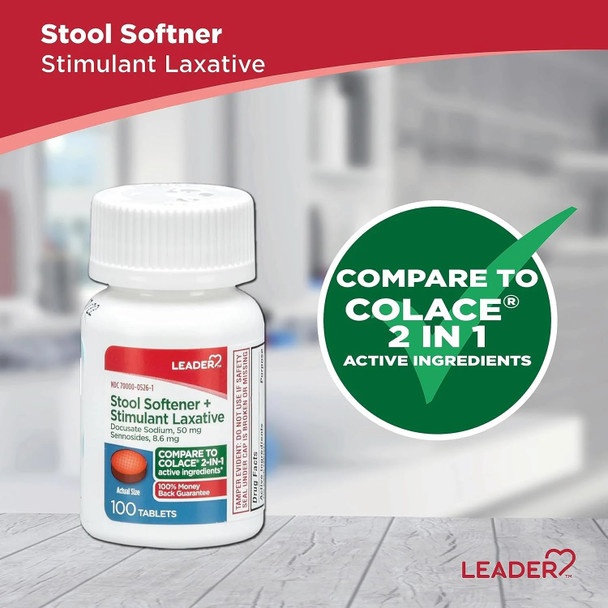 Leader 2-in-1 Stool Softener & Stimulant Laxative, Docusate Sodium 50mg, Sennosides 8.6 mg, Gentle Occasional Constipation Relief for Adults, Both Men & Women, & Children Ages 6+, 100 Tablets