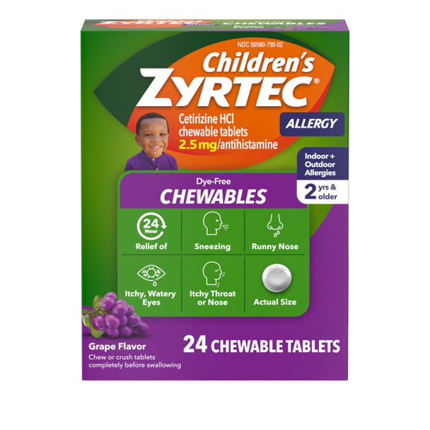 Zyrtec Children's Dye-Free Chewables for 24 Hour Allergy Relief, 2.5 mg Cetirizine Hydrochloride Antihistamine Tablets, Kids Allergy Medicine Relieves Sneezing & Itchy Throat, Grape, 24 ct