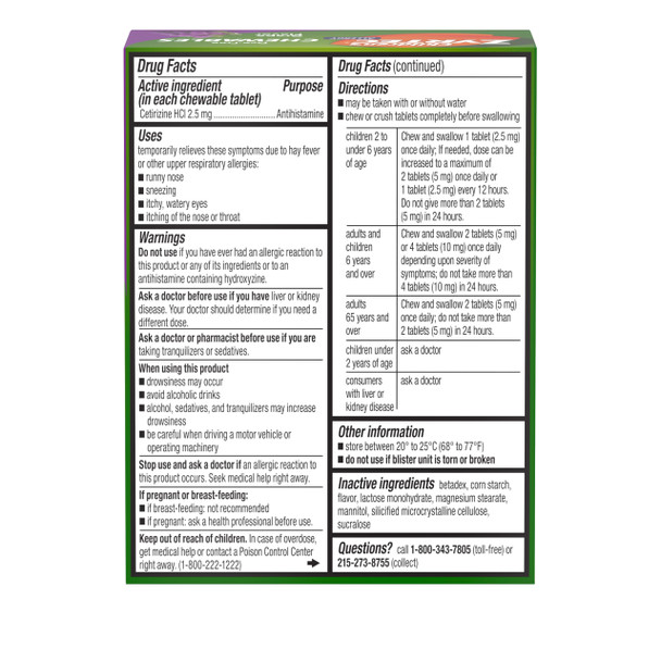 Zyrtec Children's Dye-Free Chewables for 24 Hour Allergy Relief, 2.5 mg Cetirizine Hydrochloride Antihistamine Tablets, Kids Allergy Medicine Relieves Sneezing & Itchy Throat, Grape, 24 ct