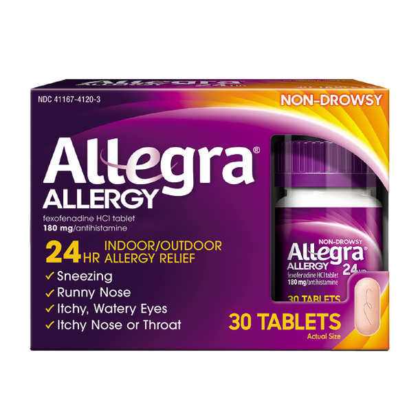 Allegra Adult 24HR Non-Drowsy Antihistamine, 30 Tablets, Fast-Acting Allergy Symptom Relief, 180 mg