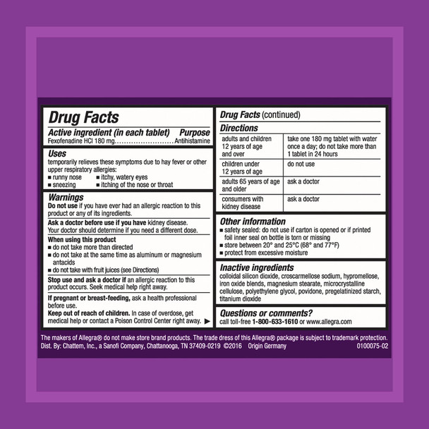 Allegra Adult 24HR Non-Drowsy Antihistamine, 30 Tablets, Fast-Acting Allergy Symptom Relief, 180 mg
