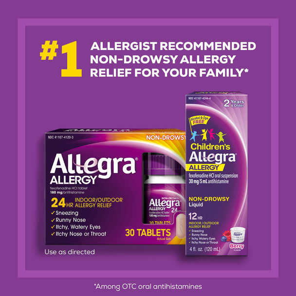 Allegra Adult 24HR Non-Drowsy Antihistamine, 30 Tablets, Fast-Acting Allergy Symptom Relief, 180 mg