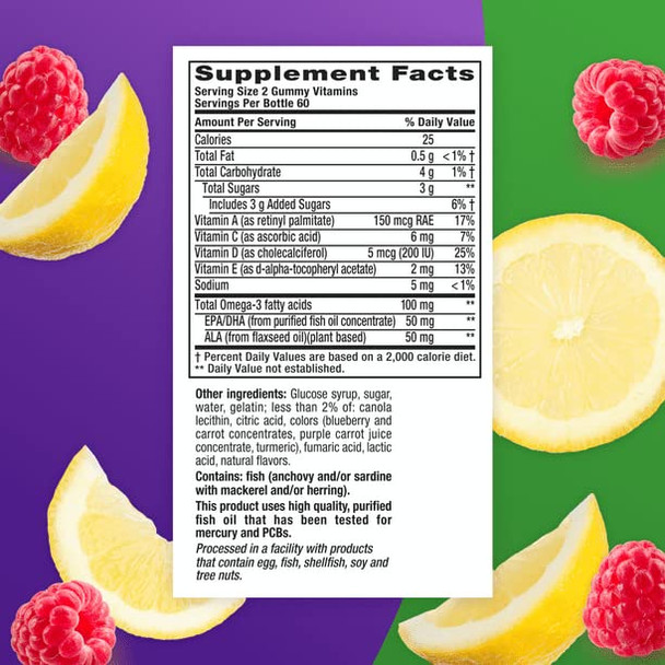 Vitafusion Omega-3 Gummy Vitamins, Berry Lemonade Flavored, Heart Health Vitamins(1) With Omega 3 EPA/DHA and Vitamins A, C, D and E, Americas Number 1 Vitamin Brand, 60 Day Supply, 120 Count