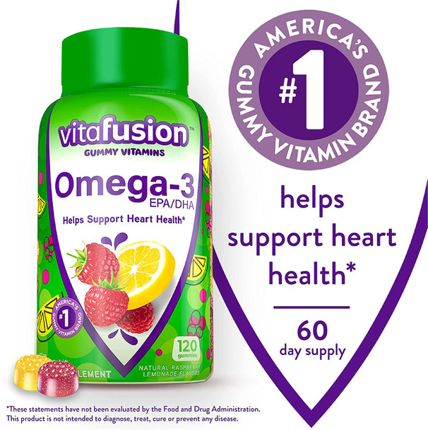 Vitafusion Omega-3 Gummy Vitamins, Berry Lemonade Flavored, Heart Health Vitamins(1) With Omega 3 EPA/DHA and Vitamins A, C, D and E, Americas Number 1 Vitamin Brand, 60 Day Supply, 120 Count