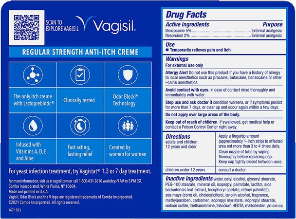 Vagisil Regular Strength Anti-Itch Feminine Cream for Women, Gynecologist Tested, Hypoallergenic, Fast-acting and Long-lasting Itch Relief, Vaginal Moisturizer Soothes and Cools, 1 oz (Pack of 1)