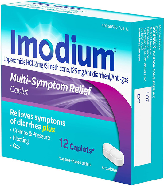 Imodium Multi-Symptom Relief Caplets, Loperamide Hydrochloride & Simethicone Anti-Diarrheal Medicine for Relief of Diarrhea, Gas, Bloating, Cramps & Pressure, HSA/FSA Eligible, 12 ct