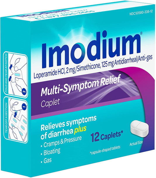 Imodium Multi-Symptom Relief Caplets, Loperamide Hydrochloride & Simethicone Anti-Diarrheal Medicine for Relief of Diarrhea, Gas, Bloating, Cramps & Pressure, HSA/FSA Eligible, 12 ct