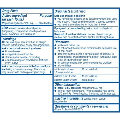 Phillips Milk Of Magnesia Saline Laxative Cramp Free Relief Original Flavor 4oz