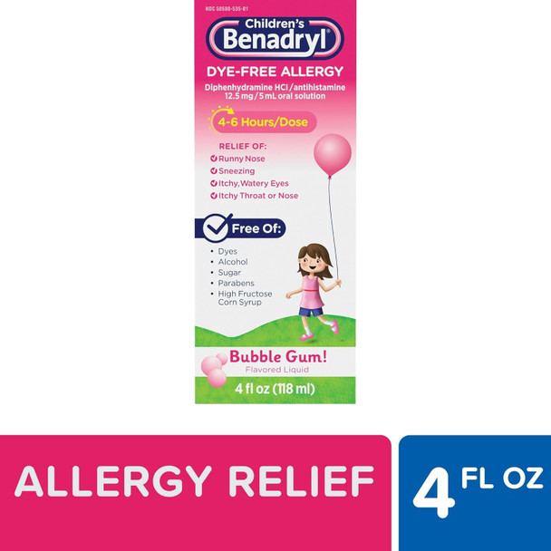 Childrens Benadryl Antihistamine Allergy Relief, Dye-Free Liquid, Bubble Gum Flavored, 4 Oz