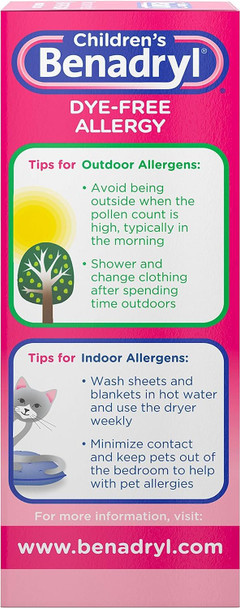 Children's Benadryl Dye-Free Allergy Relief Liquid + 12.5 mg Diphenhydramine HCl, Antihistamine Allergy Medicine for Kids Helps Relieve Runny Nose & Sneezing, Bubble Gum Flavor, 4 fl. oz