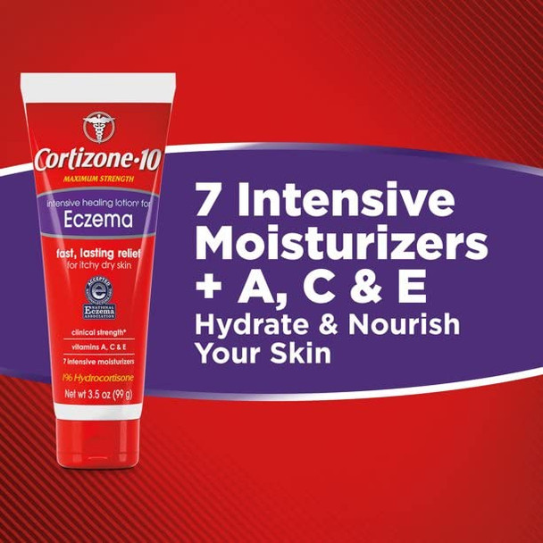 Cortizone-10 Maximum Strength Intensive Healing Itch Relief Lotion for Eczema, 1% Hydrocortisone, Fast-Acting, Anti-Itch Cream for Minor Skin Irritations, Rashes and Inflammation Due to Eczema, 3.5 oz