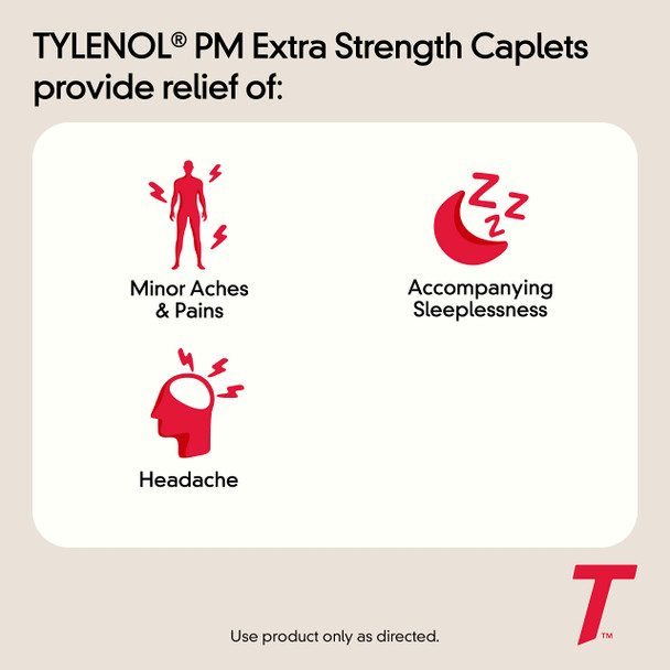 Tylenol PM Extra Strength Nighttime Pain Reliever & Sleep Aid Caplets, 500 mg Acetaminophen & 25 mg Diphenhydramine HCl, Relief for Nighttime Aches & Pains, Non-Habit Forming, 50 ct