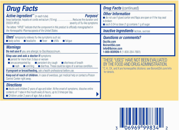 Boiron Oscillococcinum for Relief from Flu-Like Symptoms of Body Aches, Headache, Fever, Chills, and Fatigue - 12 Doses