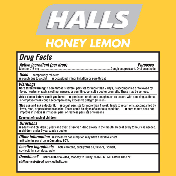 Halls, Relief Honey Lemon Sugar Free Cough Drops 70 Drops