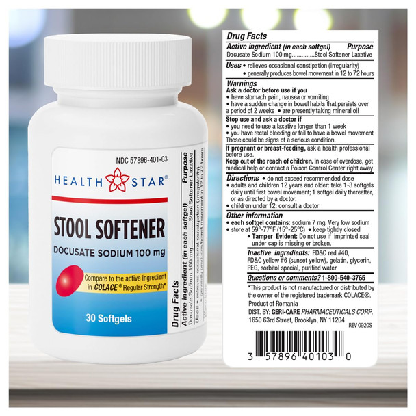 GeriCare Docusate Sodium Stool Softener - 100mg Gentle Stimulant Laxative Softgels for Men & Women- Constipation Relief - Adults Daily Bowel Movement Laxative, 30 Count