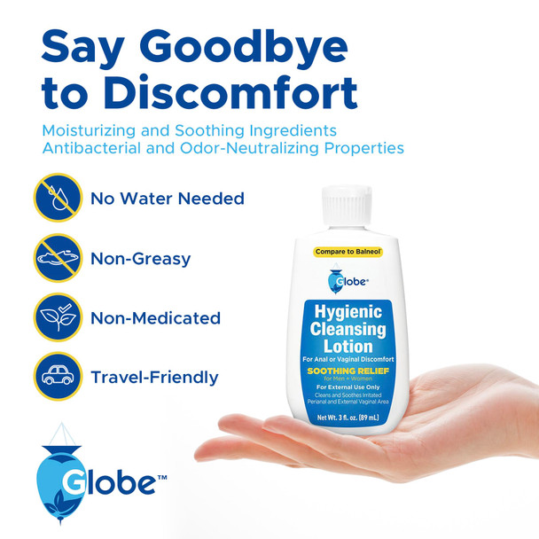 Globe Hygienic Cleansing Lotion for Men and Women, Discomfort, Pain & Itch Relief for Sensitive Areas, Cooling, Non-Irritating & Non-Drying Gentle Personal Care Cleanser, Travel Must Have,3 oz Bottle