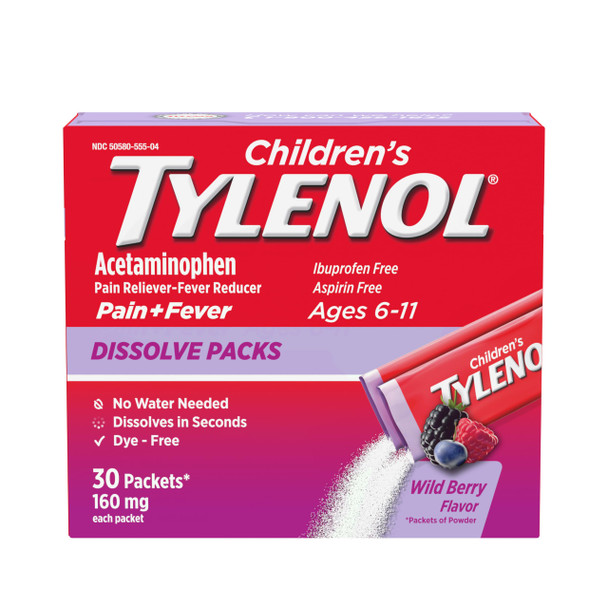 Children's Tylenol Dissolve Packs for Pain Relief, Fever Medication, 160 mg Acetaminophen, Dye Free, Kids' Powder Packets for Cold & Flu Symptom Relief; Wild Berry Flavor, 30 ct.; Pack of 1