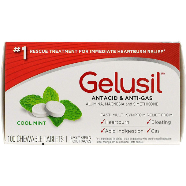 Gelusil Antacid & Anti Gas Heartburn Relief Cool Mint Flavor Chewable 100 ct