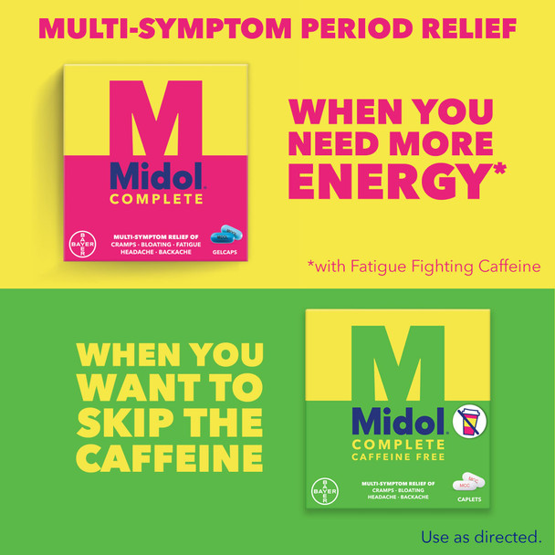 Midol Complete Caffeine Free Caplets 24ct: Midol Complete Caffeine Free Menstrual Pain Relief Caplets with Acetaminophen, Provides Headache Relief and Period Cramps Relief, 24 Count
