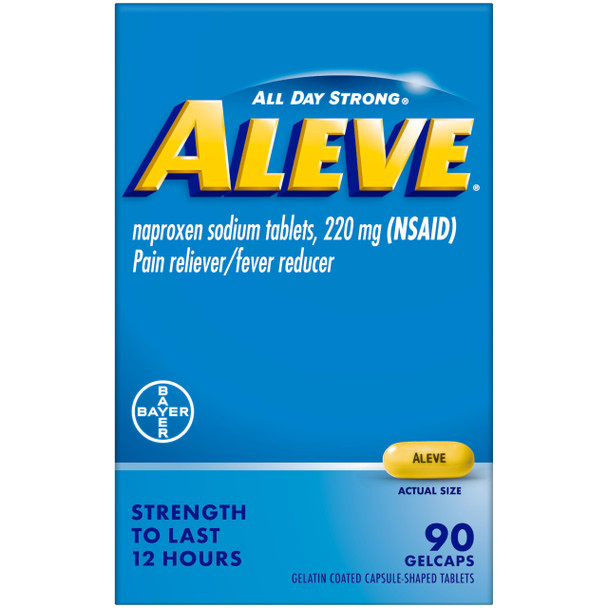 Aleve Pain Reliever & Fever Reducer Gelcaps, Naproxen Sodium, Headache and Back and Body Pain Relief Medicine, for Adults and Children Ages 12 and Up, 90 Count