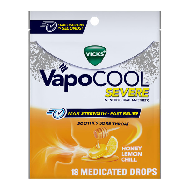 Vicks VapoCOOL Severe Medicated Sore Throat Drops, Fast-Acting Max Strength Relief, Soothes Sore Throat Pain Caused by Cough, Powerful Vapors, Menthol, Honey Lemon Chill Flavor, 45ct