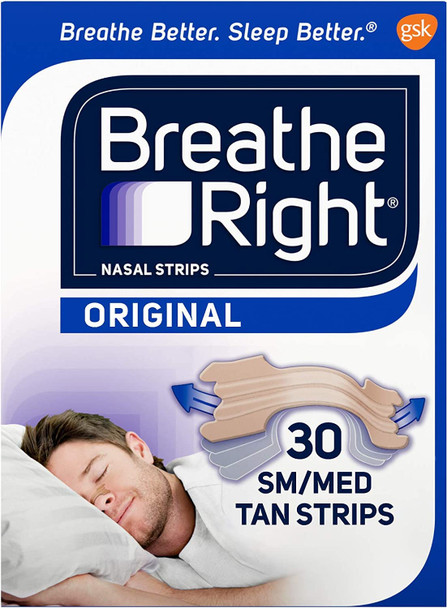 Breathe Right Original Nasal Strips | Tan Nasal Strips | Sm/Med | Help Stop Snoring | Drug-Free Snoring Solution & Instant Nasal Congestion Relief Caused By Colds & Allergies 30ct (packaging may vary)