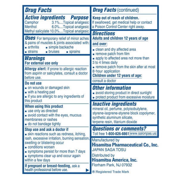 Salonpas Pain Relieving Patch, 20 Count, for Back, Neck, Shoulder, Knee Pain and Muscle Soreness, 8 Hour Pain Relief