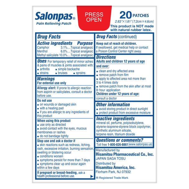 Salonpas Pain Relieving Patch, 20 Count, for Back, Neck, Shoulder, Knee Pain and Muscle Soreness, 8 Hour Pain Relief