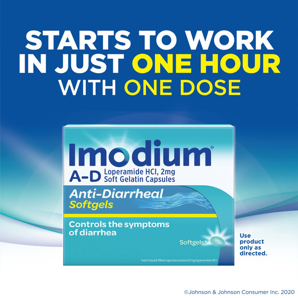 Imodium A-D Fast-Acting Anti-Diarrheal Softgels, Loperamide HCl 2 mg, Travel Essential Diarrhea Relief Medicine for Adults, 24 Count, Anti Diarrhea Pills, Ages 12+, Easy to Swallow