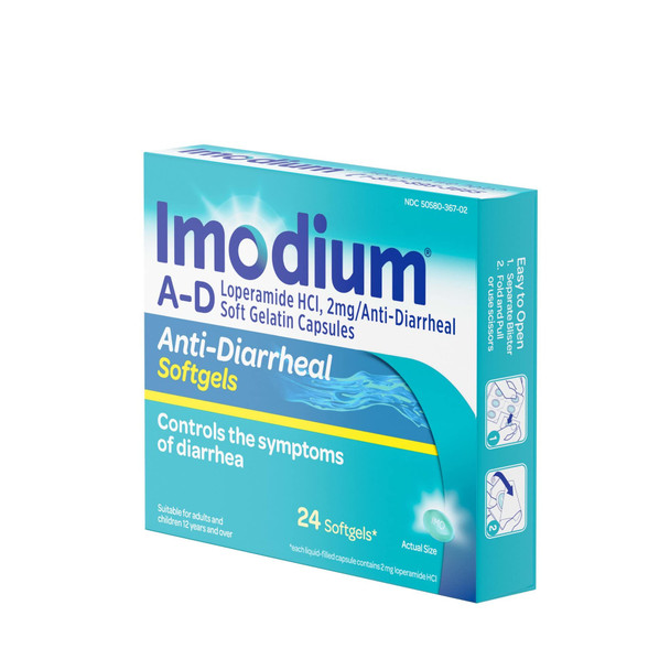 Imodium A-D Fast-Acting Anti-Diarrheal Softgels, Loperamide HCl 2 mg, Travel Essential Diarrhea Relief Medicine for Adults, 24 Count, Anti Diarrhea Pills, Ages 12+, Easy to Swallow
