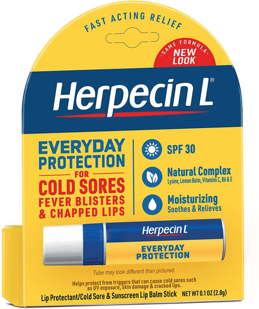Herpecin L Lip Balm Stick; Cold Sore Sun & Fever Blisters and Chapped Lips Relief Lip Balm with SPF30, Lemon Balm, and Lysine, 0.1oz
