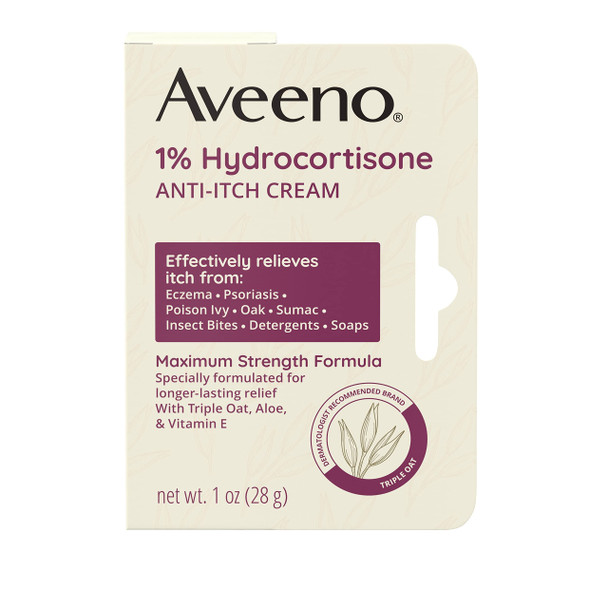 Aveeno Maximum Strength 1% Hydrocortisone Anti-Itch Cream, Triple Oat, Aloe & Vitamin E for Itch Relief from Eczema, Psoriasis, Insect Bites, Poison Ivy, Oak & Sumac & Detergents, 1 oz