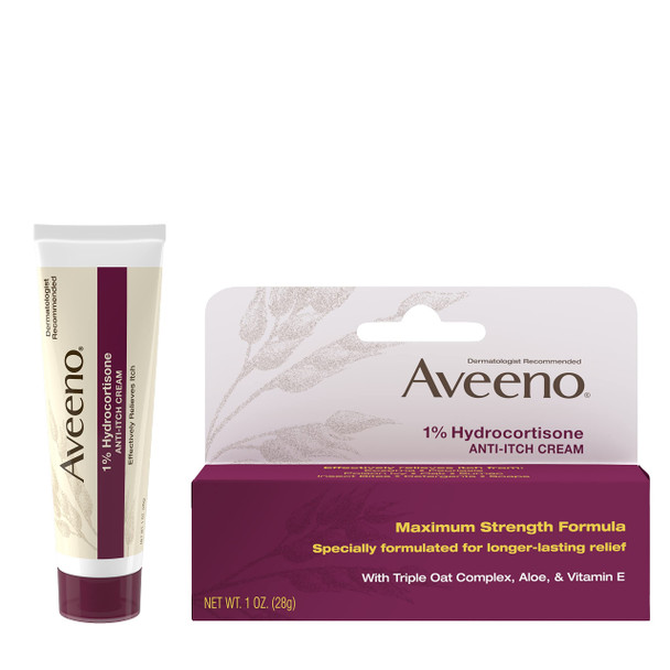 Aveeno Maximum Strength 1% Hydrocortisone Anti-Itch Cream, Triple Oat, Aloe & Vitamin E for Itch Relief from Eczema, Psoriasis, Insect Bites, Poison Ivy, Oak & Sumac & Detergents, 1 oz