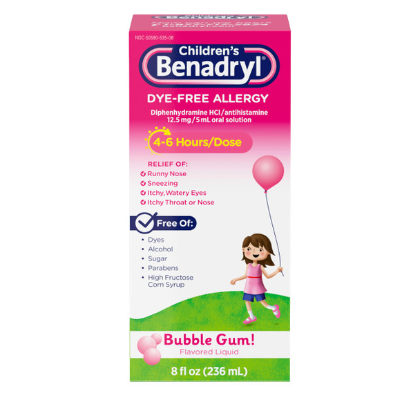 Benadryl Childrens Dye-Free Allergy Relief Liquid, Allergy Medicine for Kids, 12.5 mg Diphenhydramine HCl Antihistamine, Relieves Runny Nose & Sneezing, Paraben-Free, Bubble Gum Flavor, 8 fl.