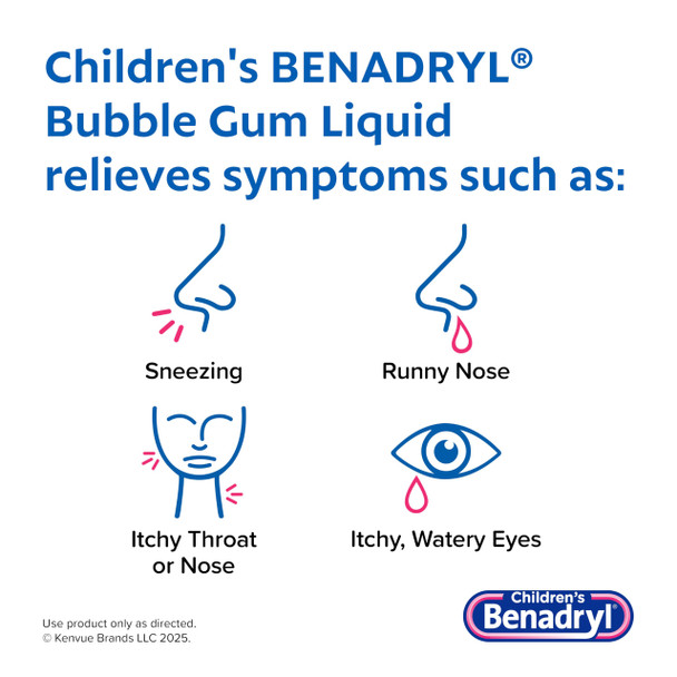 Benadryl Childrens Dye-Free Allergy Relief Liquid, Allergy Medicine for Kids, 12.5 mg Diphenhydramine HCl Antihistamine, Relieves Runny Nose & Sneezing, Paraben-Free, Bubble Gum Flavor, 8 fl.