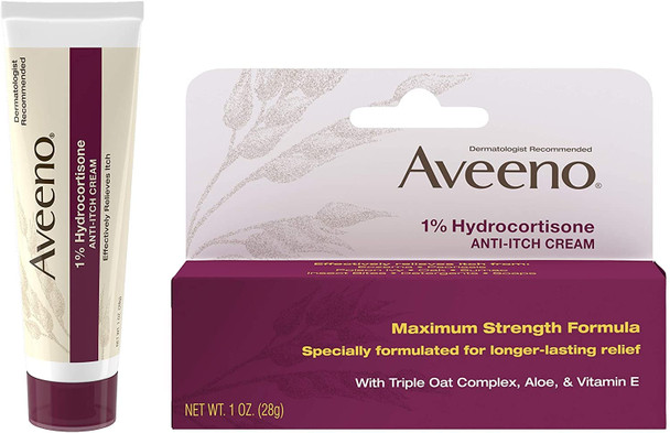 Aveeno Maximum Strength 1% Hydrocortisone Anti-Itch Cream, Aloe & Vitamin E For Itch Relief From Eczema, Psoriasis, Insect Bites, Poison Ivy, Oak & Sumac & Detergents, 1 oz