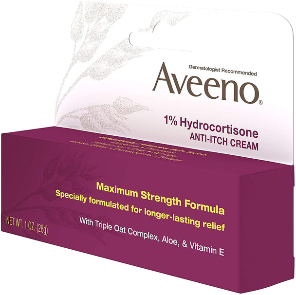 Aveeno Maximum Strength 1% Hydrocortisone Anti-Itch Cream, Aloe & Vitamin E For Itch Relief From Eczema, Psoriasis, Insect Bites, Poison Ivy, Oak & Sumac & Detergents, 1 oz