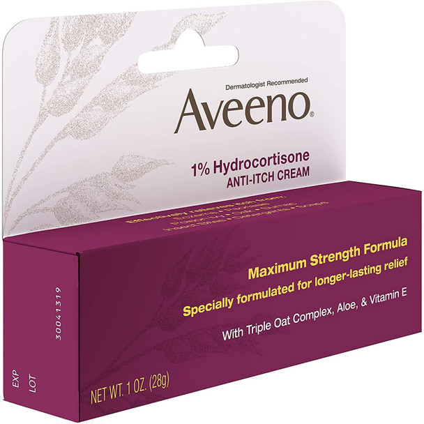 Aveeno Maximum Strength 1% Hydrocortisone Anti-Itch Cream, Aloe & Vitamin E For Itch Relief From Eczema, Psoriasis, Insect Bites, Poison Ivy, Oak & Sumac & Detergents, 1 oz