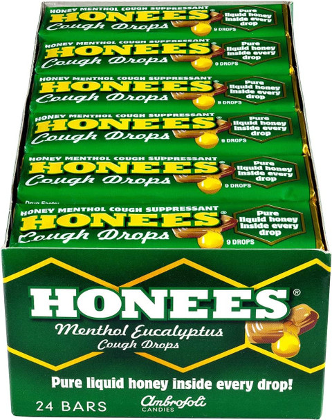 Honees Filled Menthol Cough Drops, Honey, Menthol & Eucalyptus Cough Drops- Natural Sore Throat Relief - Nothing Artificial -Throat Lozenges, Non-GMO (24 Pack 216 Drops)