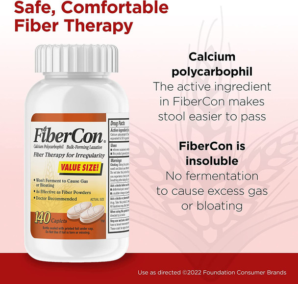 FiberCon Fiber Therapy Coated Caplets, Safe, Simple & Comfortable Insoluble Fiber for Bowel Irregularity, Comfortable Constipation Relief with No Gas or Bloating, 140 Caplets