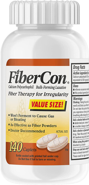 FiberCon Fiber Therapy Coated Caplets, Safe, Simple & Comfortable Insoluble Fiber for Bowel Irregularity, Comfortable Constipation Relief with No Gas or Bloating, 140 Caplets