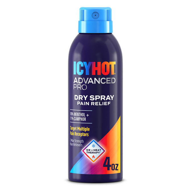 Icy Hot Advanced PRO Pain Relief Dry Spray, Fast-Acting and Quick-Drying Formula, Max Strength Pain Relief with Menthol 16% and Camphor 11% for Backaches, Joints, Muscle Strains and Arthritis, 4 oz