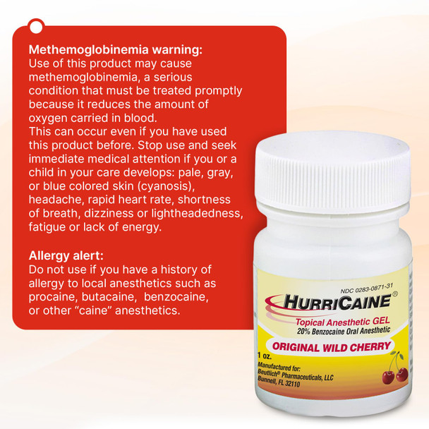 HurriCaine Topical Anesthetic Gel 1oz  Fast-Acting 20% Benzocaine for Temporary Relief of Minor Mouth Irritation Caused by Canker Sores, Dental Procedures & More - OTC, Dye-Free Formula - Wild Cherry