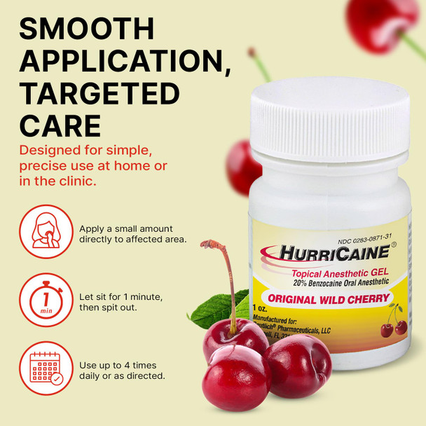 HurriCaine Topical Anesthetic Gel 1oz  Fast-Acting 20% Benzocaine for Temporary Relief of Minor Mouth Irritation Caused by Canker Sores, Dental Procedures & More - OTC, Dye-Free Formula - Wild Cherry