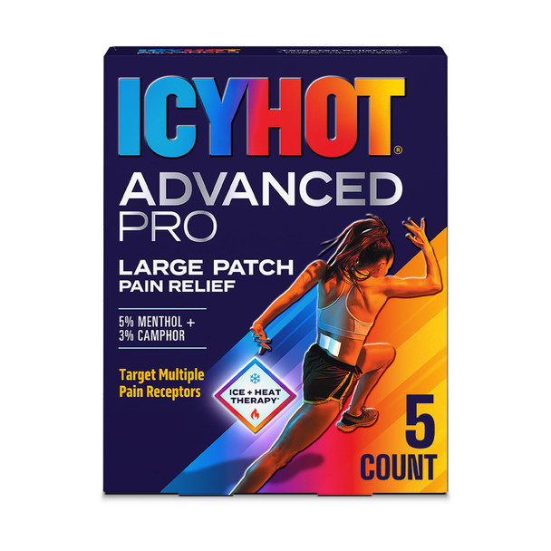 Icy Hot Advanced PRO Pain Relief Patches, Extra Strength with Menthol 5% and Camphor 3%, Fabric Patch for Backaches, Neck, Shoulder, Knee, Elbow, Ankle and Leg, Muscle Strains and Arthritis, 5 ct.