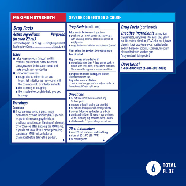 Mucinex Fast-Max Kickstart Severe Congestion & Cough Liquid, Maximum Strength Dextromethorphan HBr Cough Medicine for Adults, Guaifenesin for Excess Mucus Relief, Menthol Flavor, 6 Fl Oz