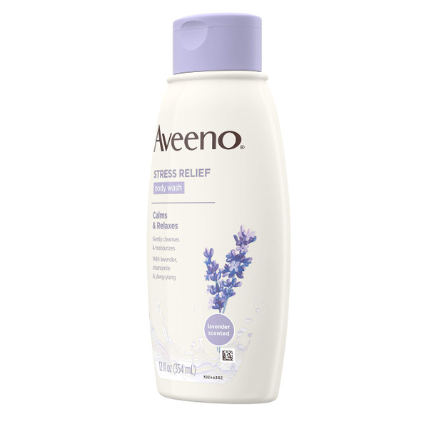 Aveeno Stress Relief Body Wash with Soothing Oat, Lavender, Chamomile & Ylang-Ylang Essential Oils, Dye- & Soap-Free Calming Body Wash for Shower Gentle on Sensitive Skin, 12 fl. oz